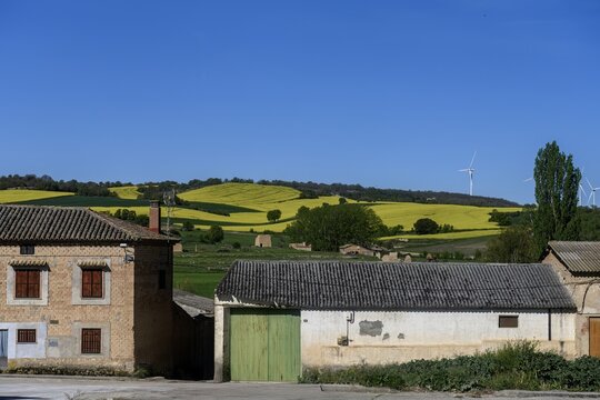 Valdecanas de Cerrato homes with rapeseed fields and wind turbines in the background - Powered by Adobe