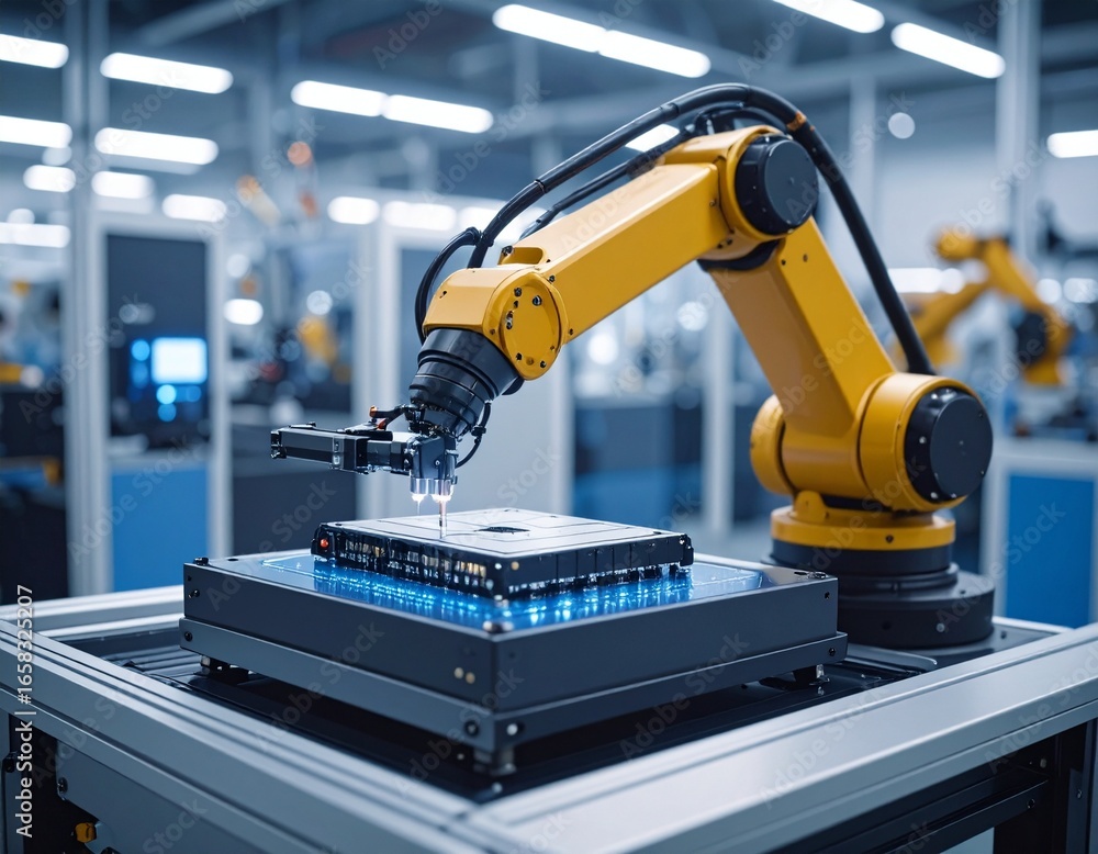 Aufkleber automated robotic arm assembling electronic components in factory