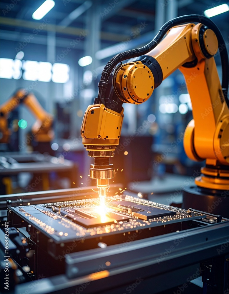 Aufkleber automated robotic arm welding components in a modern factory setting