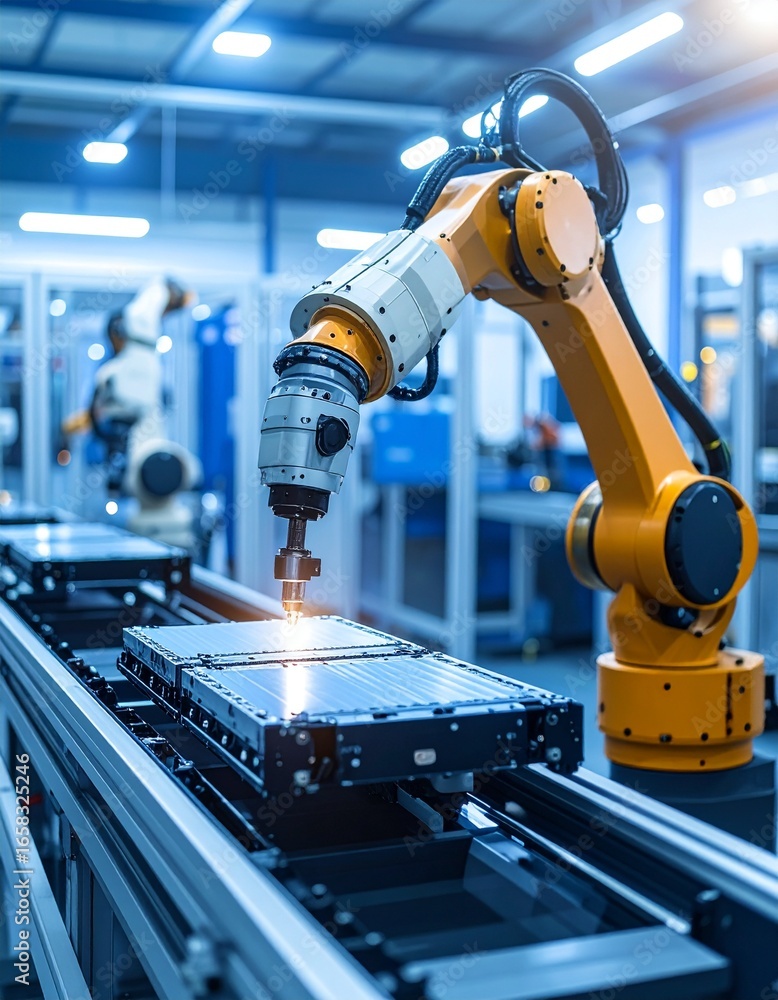 Poster robotic arm assembling high-tech components on a production line