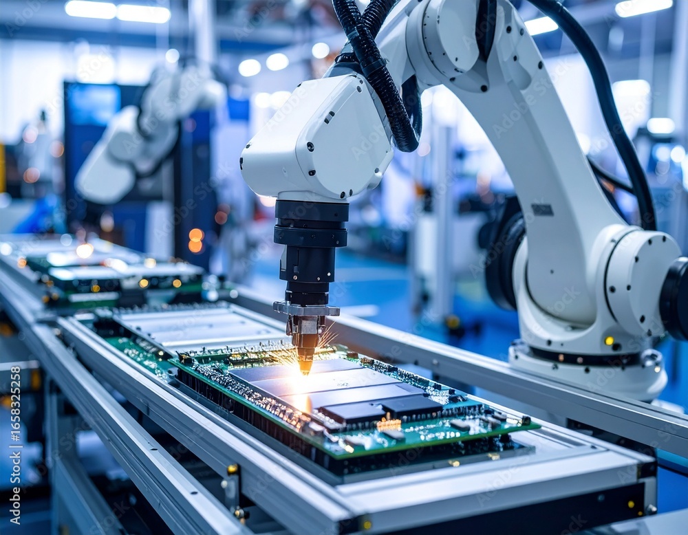 Aufkleber precision robotic arm assembling chips in a modern factory setting