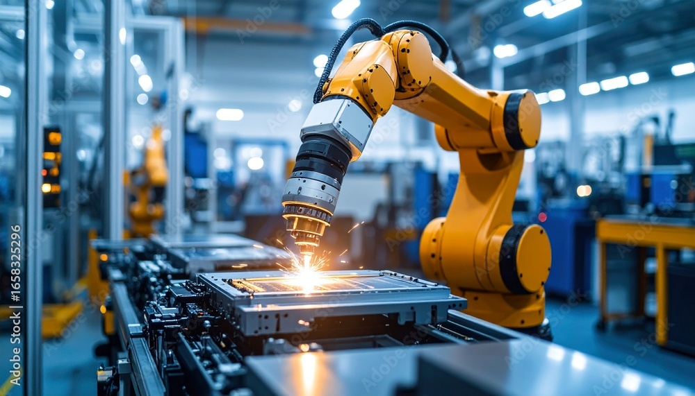 Aufkleber automated robotic arm assembling precision components in factory