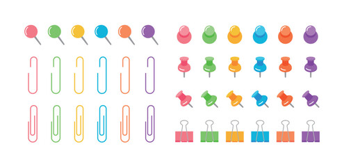 A colorful set of office supplies, including pushpins, paper clips, binder clips, and clips. Perfect for office, school, stationery, and office supplies.