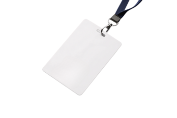 Empty white identification card attached to dark blue lanyard with silver hardware for corporate use, isolated on a transparent background