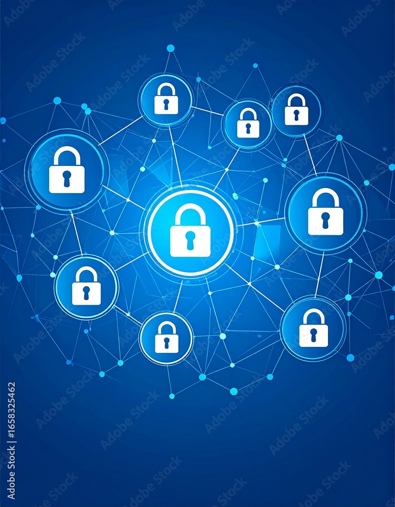 Poster network of locks representing cybersecurity and data protection concep