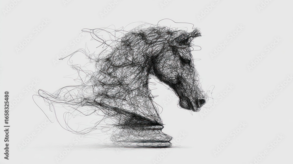 Poster chess knight form created from swirling lines on a plain white background
