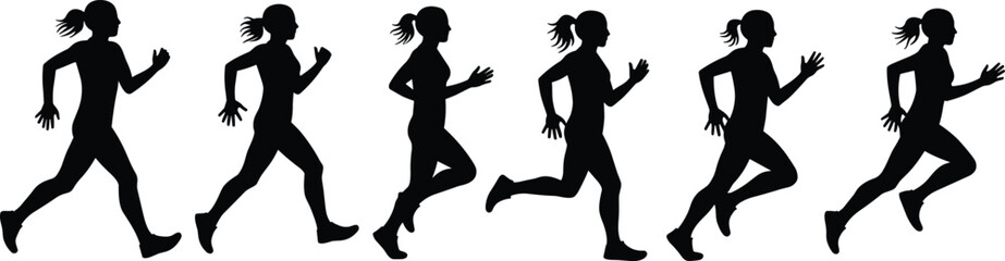 Running silhouettes, jogging, sprinting, athletic motion, sports training, vector art, exercise, fitness, outdoor activity, active people, speed, movement, workout, 