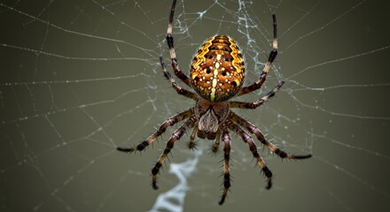 Obraz premium A close-up captures a colorful, patterned spider centered on a web against a blurred, neutral-toned backdrop, highlighting the arachnid's intricate features