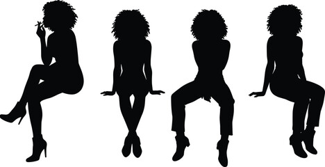 Seated silhouette poses, expressive sitting positions, cigarette gesture, fashion vector art, attitude, lifestyle, body language, urban style, character design