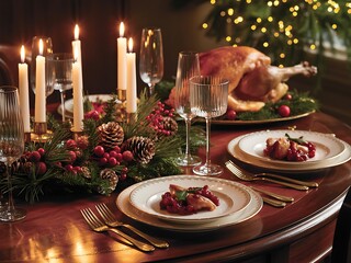 A festive holiday table setting with a turkey centerpiece candles and elegant tableware decor