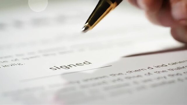 Signing Documents: Close-Up of Hand with Pen Completing Signature on Paper