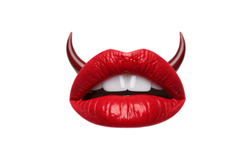 Red glossy lips with small devil horns protruding from top lip area, isolated on a transparent background