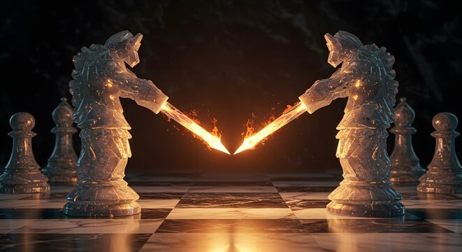 Two explosive crystal knights in a fragile standoff on a chessboard, a metaphor for mutually assured destruction, brinkmanship, and high-stakes conflict