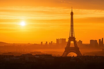Breathtaking Sunset View of Eiffel Tower Against Golden Sky