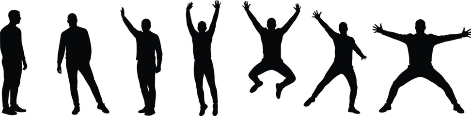 Silhouette people, dynamic poses, jumping, standing, arms raised, action, human posture, movement, active lifestyle, fitness, exercise, vector art, motion, balance, performance, energetic