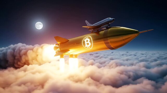 Bitcoin Rocket Launch: Cryptocurrency Investment Soars Through the Night Sky