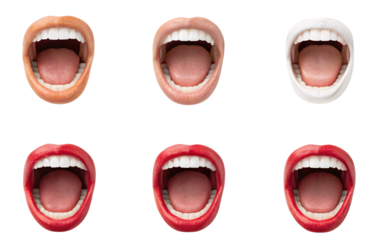 Six open mouths displaying different lip colors from nude to bright red tones, isolated on a transparent background