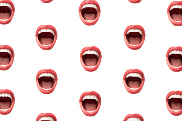 Repeating pattern of identical red-lipped open mouths arranged in organized rows and columns, isolated on a transparent background