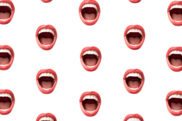 Repeating pattern of identical red-lipped open mouths arranged in organized rows and columns, isolated on a transparent background