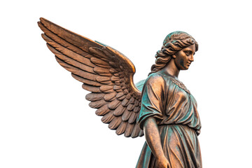 Obraz premium Classical bronze angel statue with detailed wings viewed from side profile against sky, isolated on a transparent background