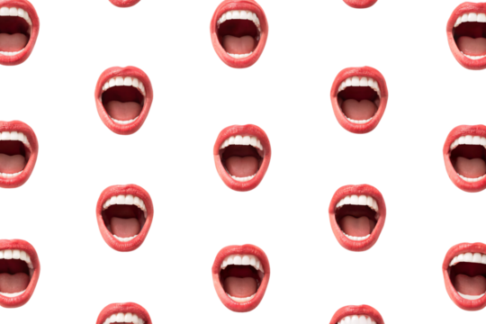 Repeating pattern of identical red-lipped open mouths arranged in organized rows and columns, isolated on a transparent background