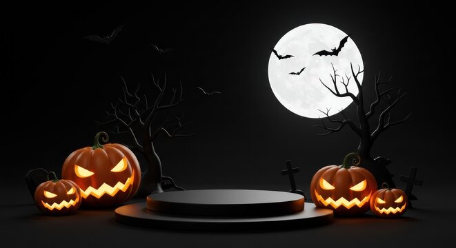 A dark stage for spooky festivities features glowing carved gourds, bare trees, bats, a full moon, and tombstones against a black background
