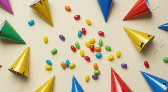 Overhead shot depicts scattered colorful party hats and jelly beans on a cream-colored surface, suggesting a celebration or festive occasion