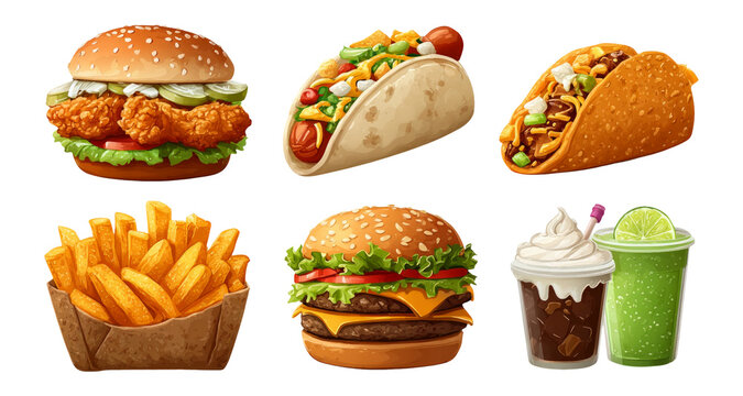 Delicious Fast Food Set Isolated on Transparent Background