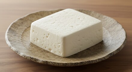White Tofu Cube on Rustic Plate on Wooden Table Still Life