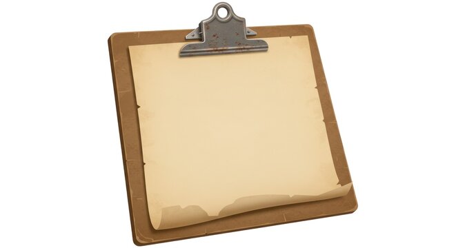 A detailed image of a clipboard, with a rectangular base made of brown wood. The clip is old, weathered metal, holding a blank, aged paper