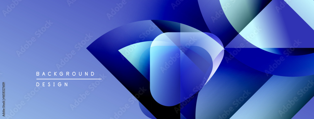 Poster abstract blue shapes overlap, creating dynamic visual effect. gradient colors suggest depth, modern 