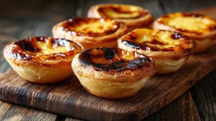 Description: Traditional Portuguese pastel de nata pastries, golden, crispy custard tarts with caramelized tops. Food photography