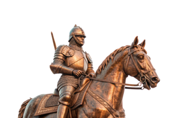 Bronze medieval knight on horseback statue, armored warrior with helmet riding decorated horse, isolated on a transparent background