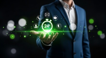 Reliable 24 hour support and service offered by professional businessman in modern suit with green laser