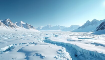 Obraz premium Aerial view of vast icy tundra landscape. Snow-capped mountains under a clear blue sky. Cracked ice formations and snowfields create a serene, remote Arctic environment.