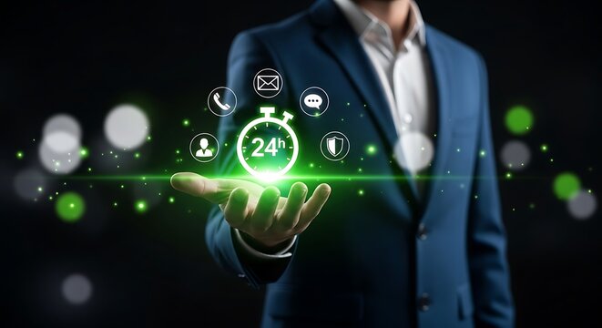 Reliable 24 hour support and service offered by professional businessman in modern suit with green laser