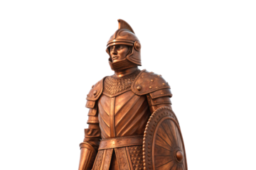 Bronze ancient warrior statue with crested helmet, detailed armor and shield, standing proudly, isolated on a transparent background