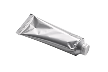 Silver squeeze tube with threaded cap lying horizontally on side, isolated on a transparent background