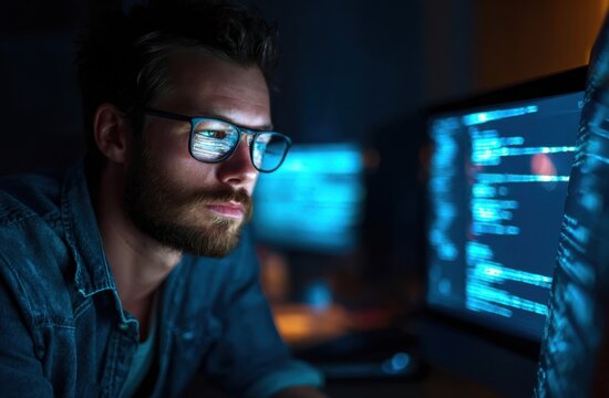 Focused male cybersecurity analyst working late at night in front of multiple computer screens displaying code and data analysis