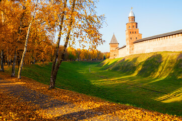 Veliky Novgorod Russia. Kokui and Prince towers of Veliky Novgorod Kremlin in sunny autumn day -...