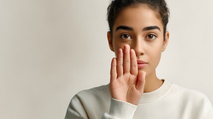 Portrait of Deaf woman gesturing with hand – perfect for sign language education and accessibility visuals, hearing loss, equal rights for deaf people, International Deaf week