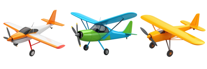 Three 3D Plastic Style Pixelated Gliders With Colorful Wings And Propellers Against A Black Background