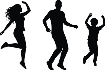 Silhouette, dancing jump poses, active child, joyful movement, energetic people, fun, motion, lifestyle, sport, happiness, activity, rhythm, exercise, celebration