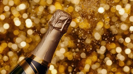 Champagne Bottle Explosion Against Sparkling Golden Background