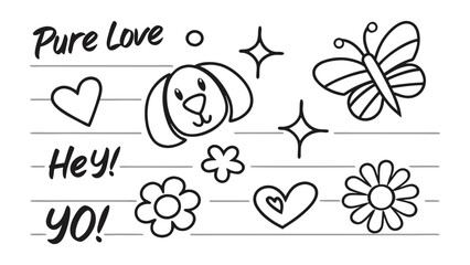 Black and white doodle art with dog face butterfly hearts and flowers on lined paper background drawing