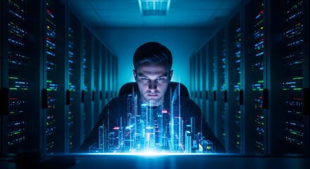 Futuristic Data Center Vision Person analyzing Digital Cityscape with Server Racks in Background
