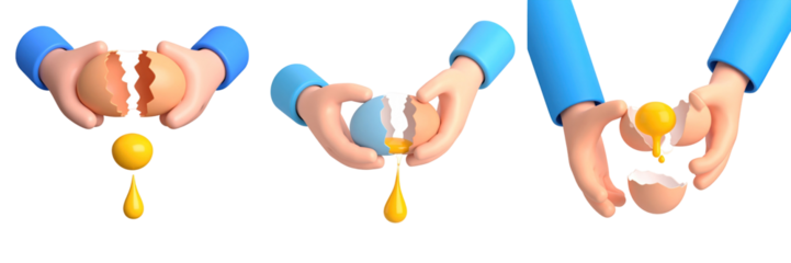 Three Dimensional Animated Hands in Blue Sleeves Cracking Egg with Animated Yellow Yolk Against Transparent Background