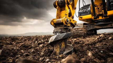 Naklejka premium Close up of excavator drill in construction site with dark sky