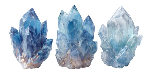 Fototapeta premium Three Isolated Blue Crystal Clusters on Transparent Background