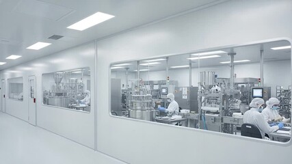 Pharmaceutical Manufacturing: Workers in Cleanroom Environment Production Process.